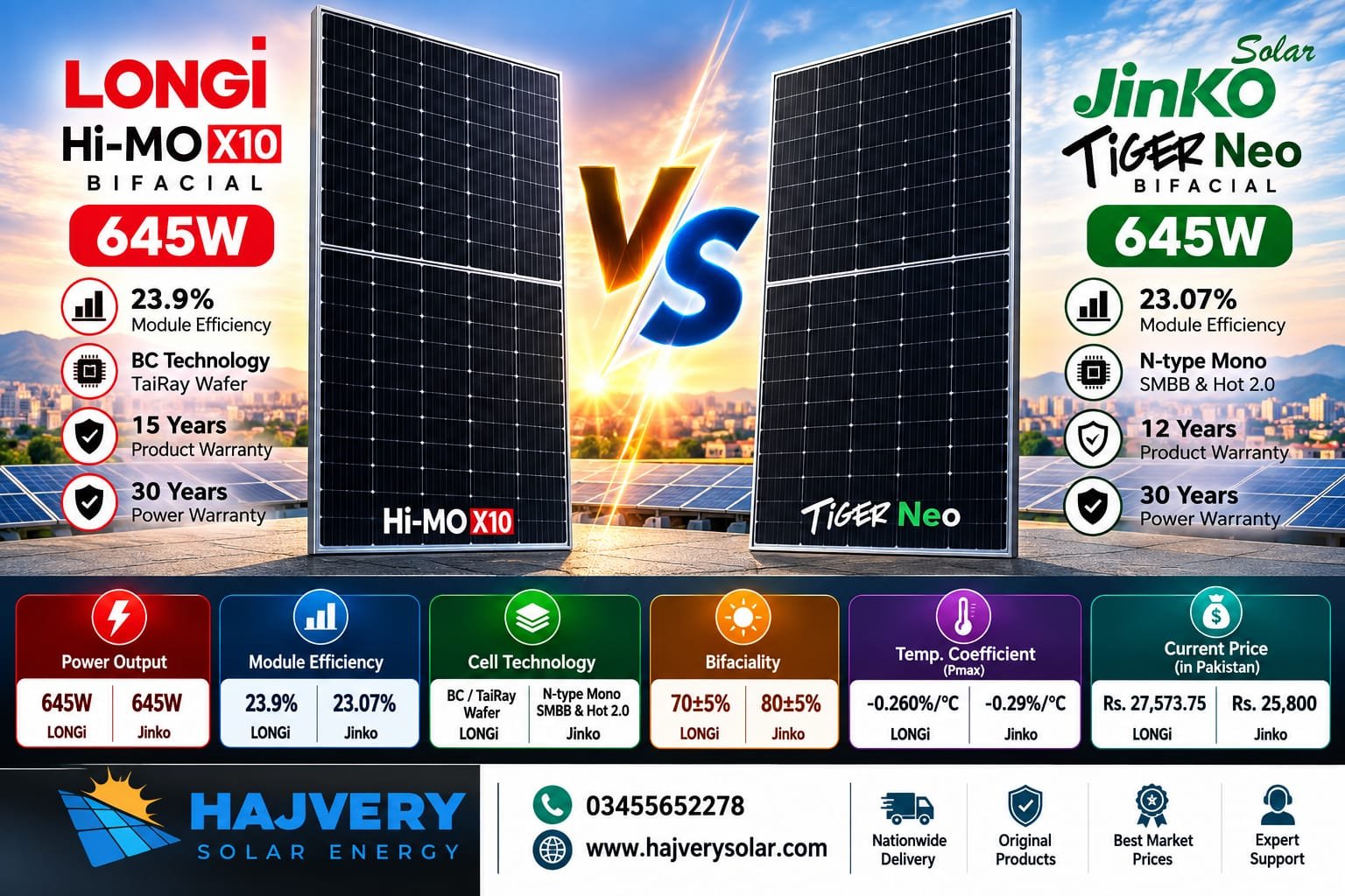 LONGi 645W Hi-MO X10 Bifacial vs Jinko 645W Tiger Neo comparison