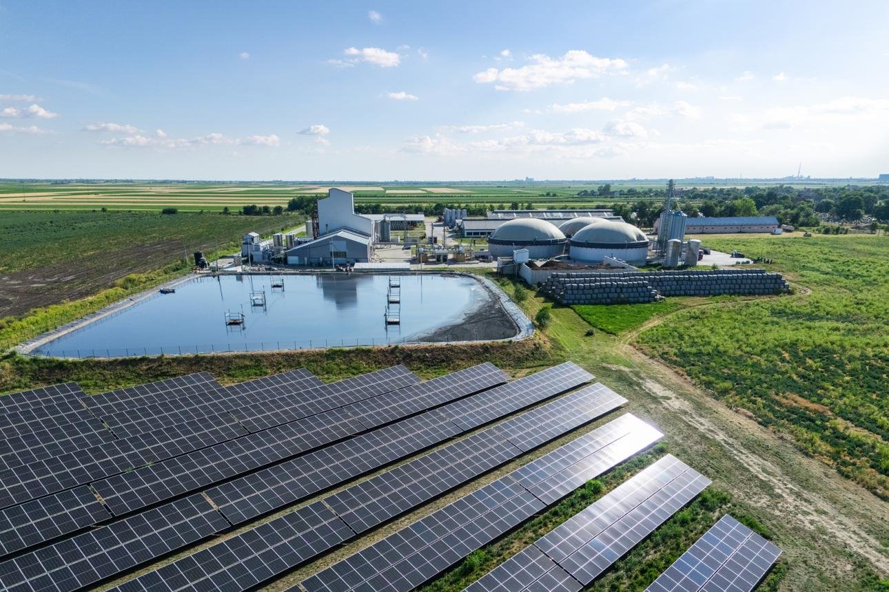 Biogas and solar energy systems working together.
