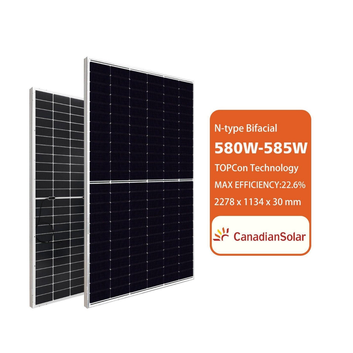 Front and rear views of a Canadian Solar N-Type bifacial 580W–585W panel
