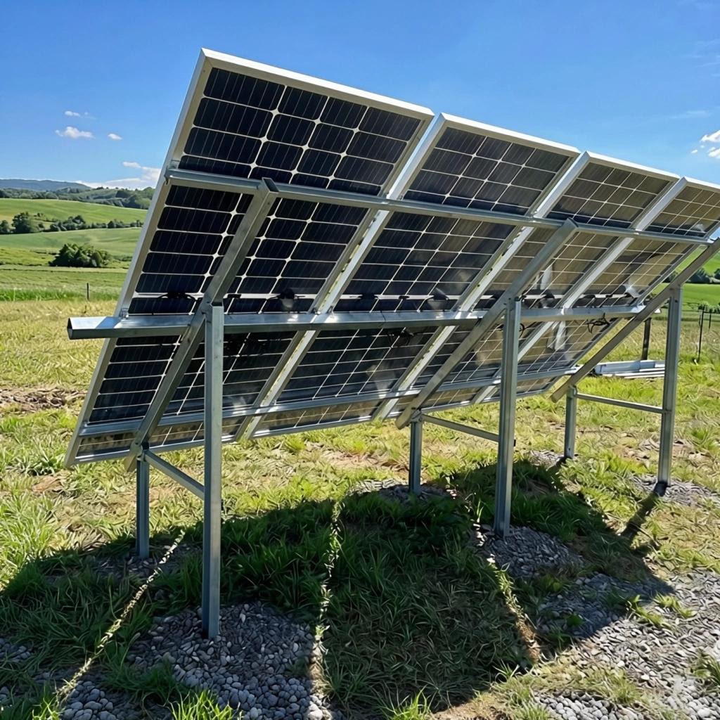 Rear view of elevated solar panels on a metal frame above grass