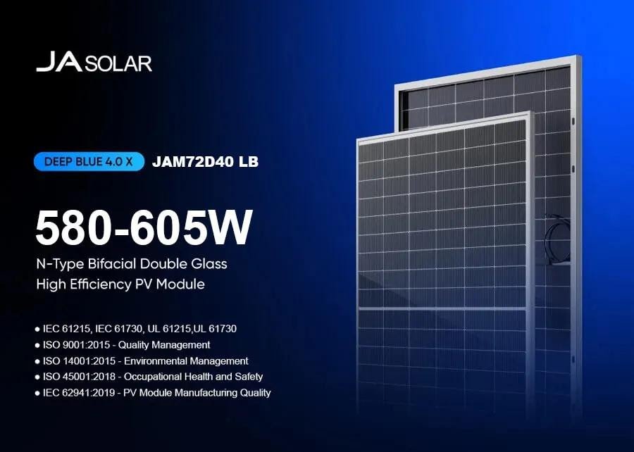 JA Solar DeepBlue N-Type bifacial panels with a 580–605W label
