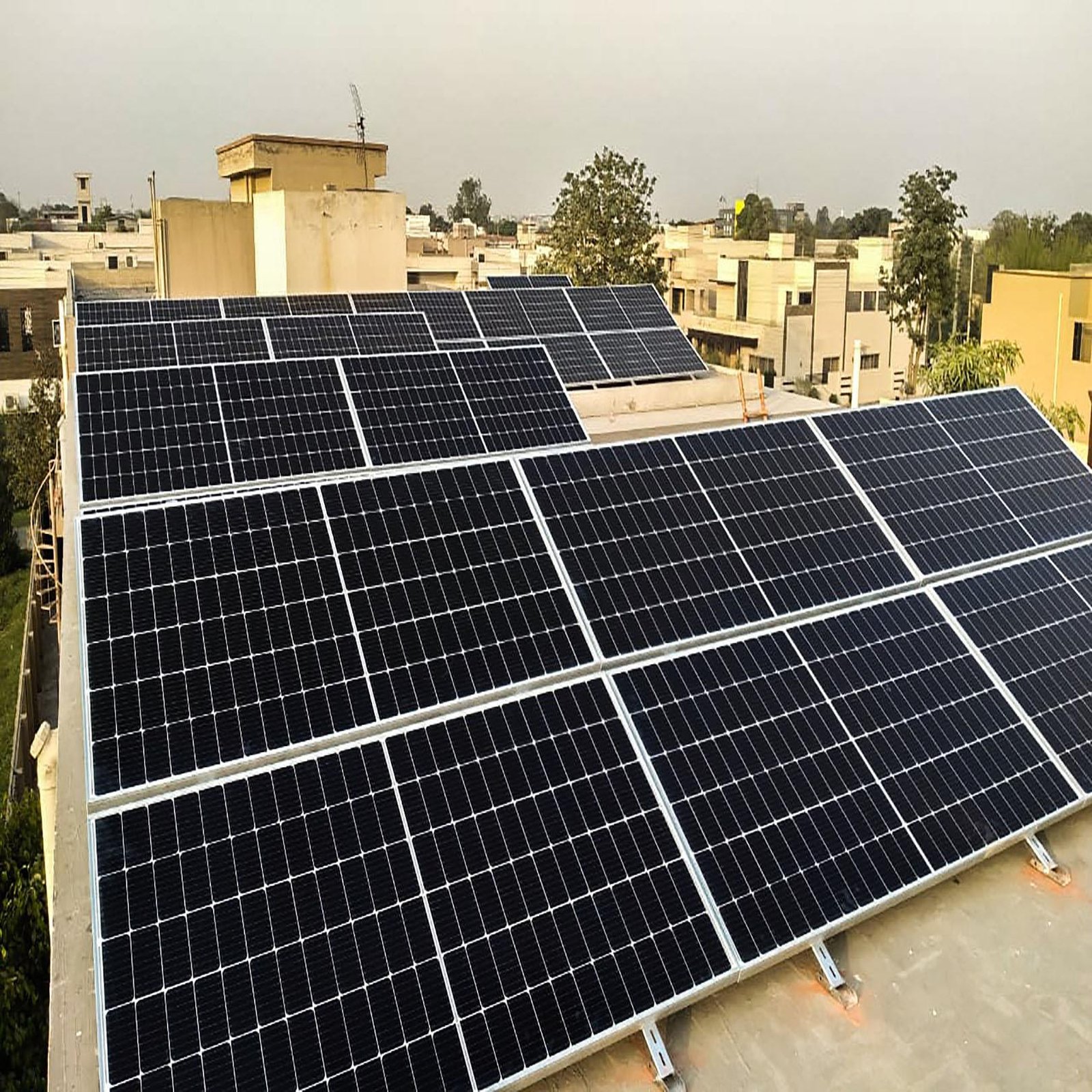 Rows of solar panels installed on a residential rooftop