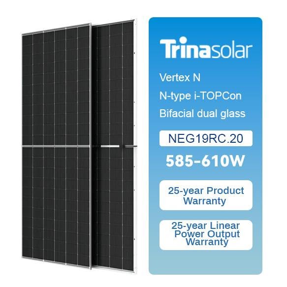 Trina Solar Vertex N bifacial dual-glass panel with a 585–610W label